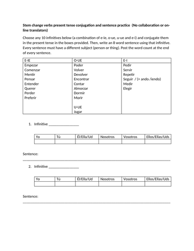 Worksheet on stem change verbs present tense