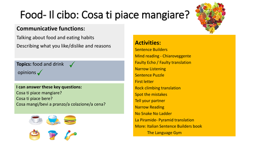 Food. Cosa ti piace mangiare? Italian Sentence builders and tasks