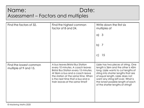 Quick Mastery Assessment - Factors and Multiples