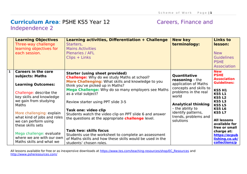 Year 12 PSHE Scheme of Work - Careers + Finance 2