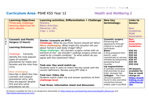 Year 12 PSHE Scheme of Work - Health and Wellbeing 2