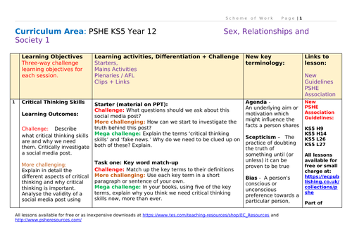 Year 12 PSHE Scheme of Work - Relationships and Sex 1