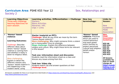 Year 12 PSHE Scheme of Work - Sex and Relationships 2