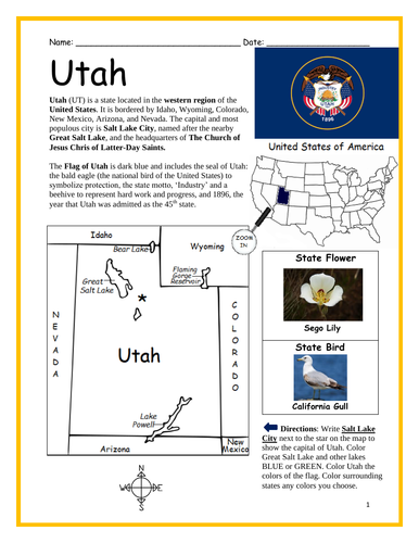 UTAH - Introductory Geography Worksheet