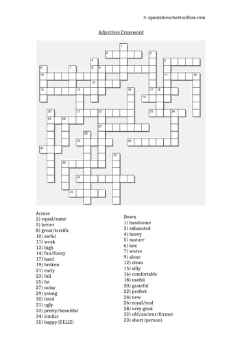 Spanish Adjectives Crossword