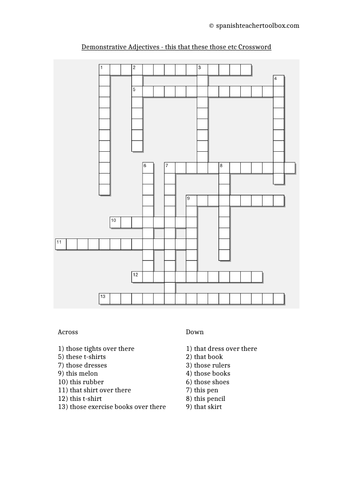 Demonstrative Adjectives Spanish Crossword