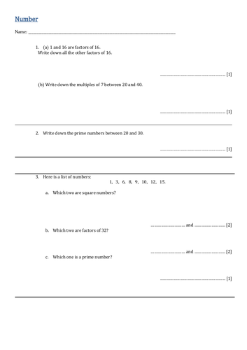 Number worksheet, initial assessment, progression test or exam. Year 10.