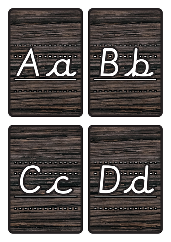 Lined Alphabet Flashcards Lined A-Z Lower & Uppercase on Dark Wood Background