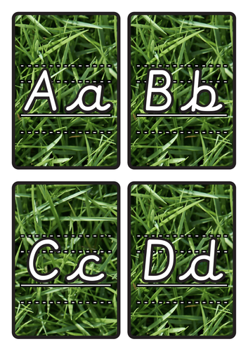 Lined Alphabet Flashcards A-Z Lower & Uppercase on Grass Background