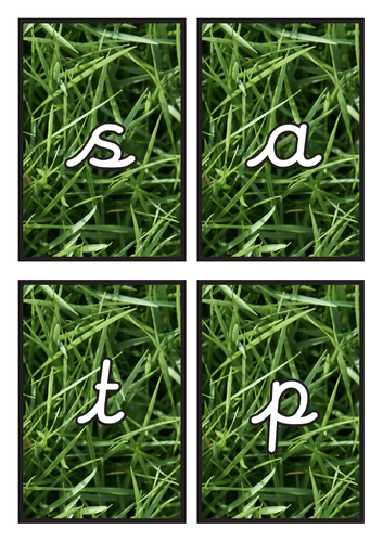 Cursive Phase 2 Phonics Flashcards on Grass Background