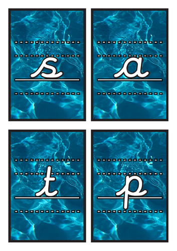 Lined Cursive Phase 2 Phonics Flashcards on Water Background