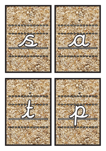 Lined Cursive Phase 2 Phonics Flashcards on Sand Background
