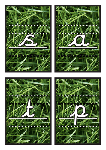 Lined Cursive Phase 2 Phonics Flashcards on Grass Background