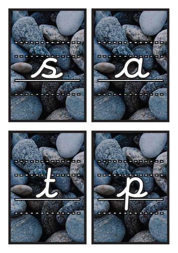 Lined Cursive Phase 2 Phonics Flashcards on Pebble Background