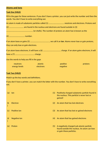Differentiated atoms and ions worksheet - used during lock down