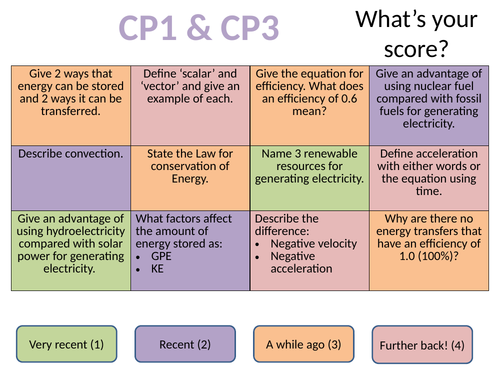 CP1 / SP1 and CP3 / SP3 Motion and Energy retrieval practice revision