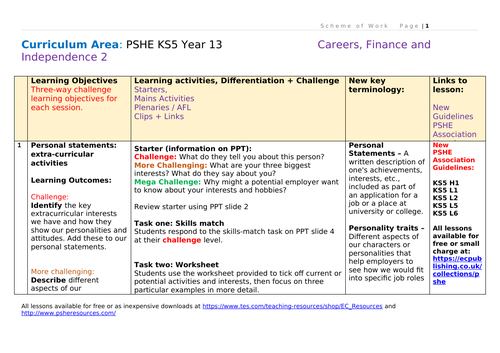 Year 13 PSHE Scheme of Work - Careers and Finance 2