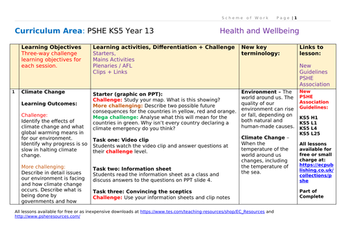 Year 13 PSHE Scheme of Work - Health and Wellbeing 1/2