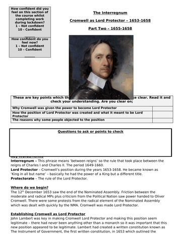 AQA Unit 1D - Recap on Cromwell as Lord Protector - 1653-1655