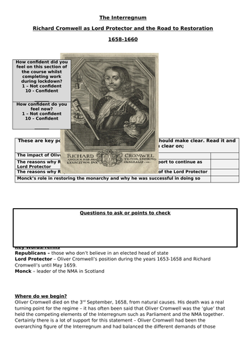 AQA Unit 1D - Recap on The End of the Protectorate and Road to Restoration, 1658-60