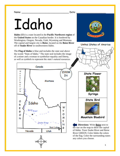 IDAHO - Introductory Geography Worksheet