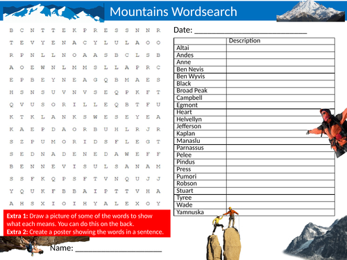 Mountains #6 Wordsearch Geography Starter Settler Activity Homework Cover Lesson