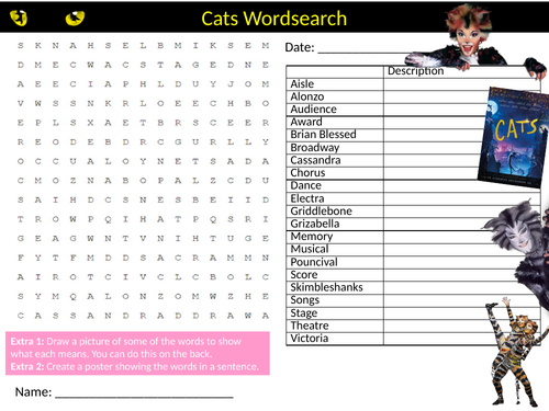 Cats The Movie Musical Wordsearch Starter Settler Activity Homework Cover Lesson Music