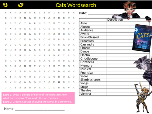 2 x Cats The Musical Wordsearch Starter Settler Activity Homework Cover Lesson Music