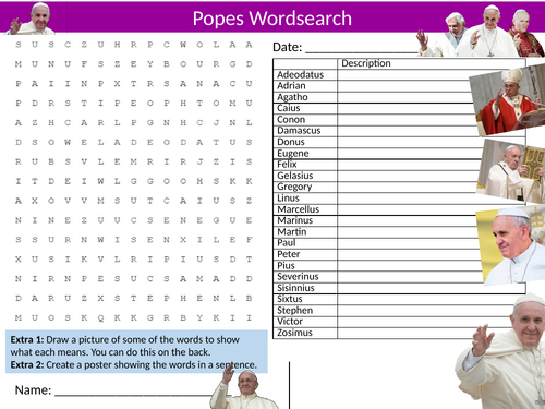 Popes #2 Wordsearch Catholic Religion RE Starter Settler Activity Homework Cover Lesson