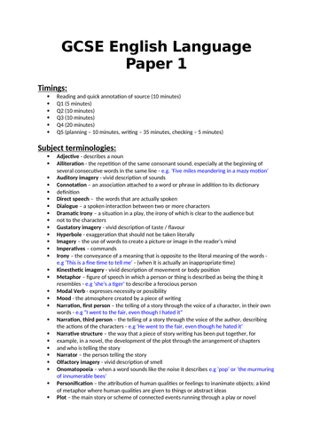 AQA GCSE English Language Paper 1 Revision Guide | Teaching Resources