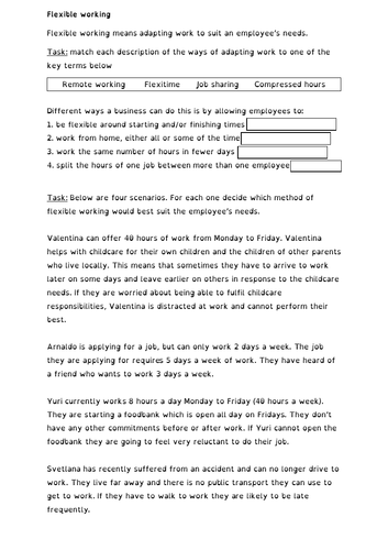 Edexcel GCSE (9-1) Business 2.5 Making human resource decisions - Flexible working worksheet