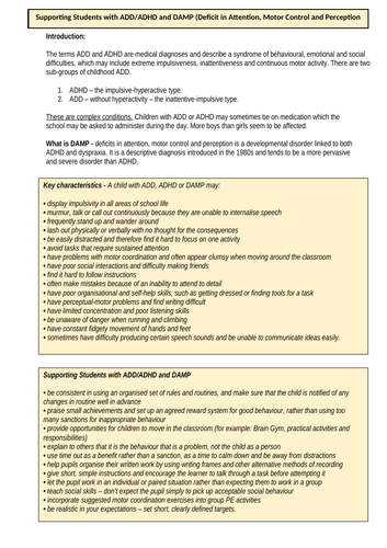 Teaching Students with ADHD - a one stop guidance sheet