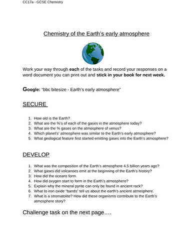 Edexcel CC17a early atmosphere IT worksheet
