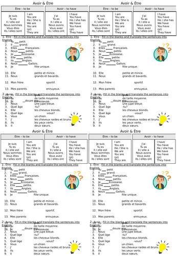 Avoir and Etre mini worksheet