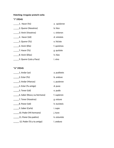 Irregular preterit matching practice | Teaching Resources
