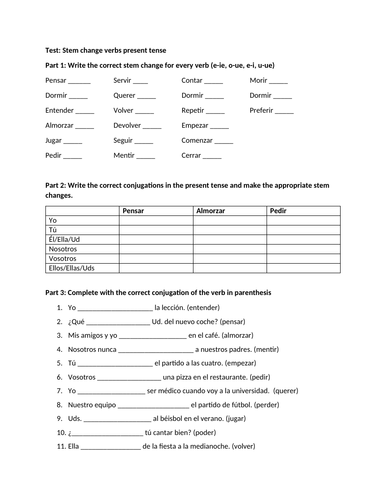 Test stem change verbs