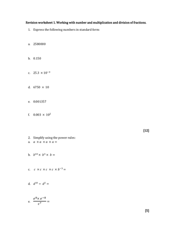 Worksheet+Answers: Working with number and multiplication and division of fractions.