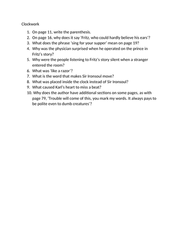 Clockwork by Philip Pullman comprehension