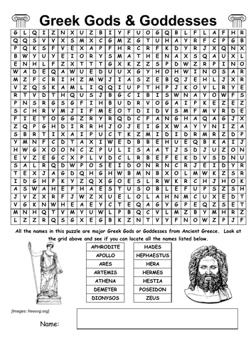 GREEK GODS WORDSEARCH