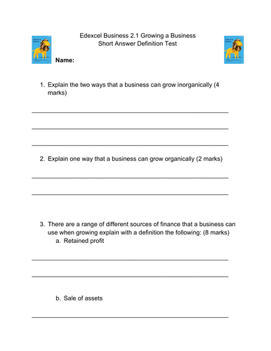 Edexcel Business - End of Unit Test - Theme 2 - 2.1. Growing a Business - 15 short mark questions