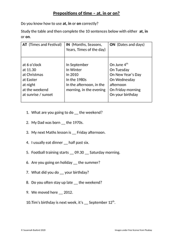 EAL/ESOL/EFL Prepositions of time worksheets, Entry/Beginner level