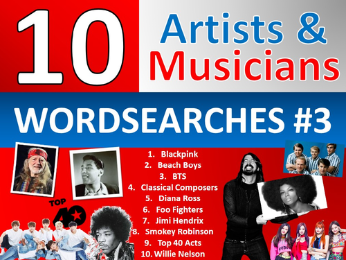 10 x Musicians Wordsearch Sheet Starter Activity Keywords Cover Music Artists Singers