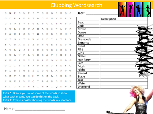 Clubbing Wordsearch Sheet Starter Activity Keywords Cover Homework Music Hobbies