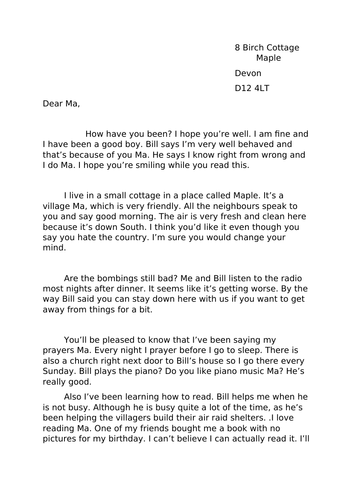 Informal letter - evacuee writing home