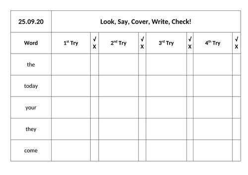 Spelling Homework (Year 1 and 2 Spelling List) Look, Cover, Write, Check