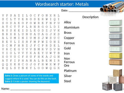 Metals Wordsearch Puzzle Sheet Keywords Settler Starter Cover Lesson Design Technology