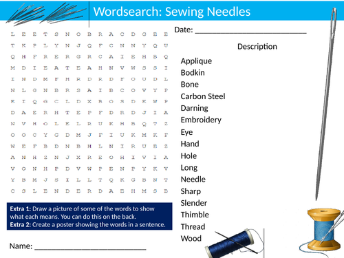 Sewing Needles Wordsearch Puzzle Sheet Keywords Settler Starter Cover Lesson Design Technology