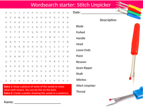 Stitch Unpicker Wordsearch Puzzle Sheet Keywords Settler Starter Cover Lesson Design Technology