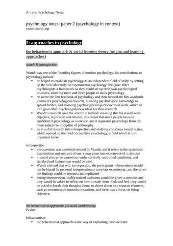 The Behaviourist Approach: AQA Psychology A-Level Notes