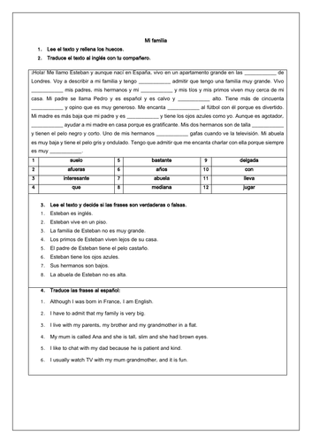 Spanish Mi familia / My family & physical descriptions reading & translation review